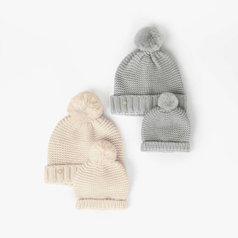 Mommy And Baby Bobble Hat Set In Oatmeal