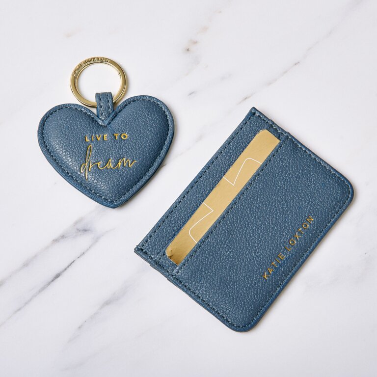 Heart Keyring And Card Holder Set 'Live To Dream' in Light Navy