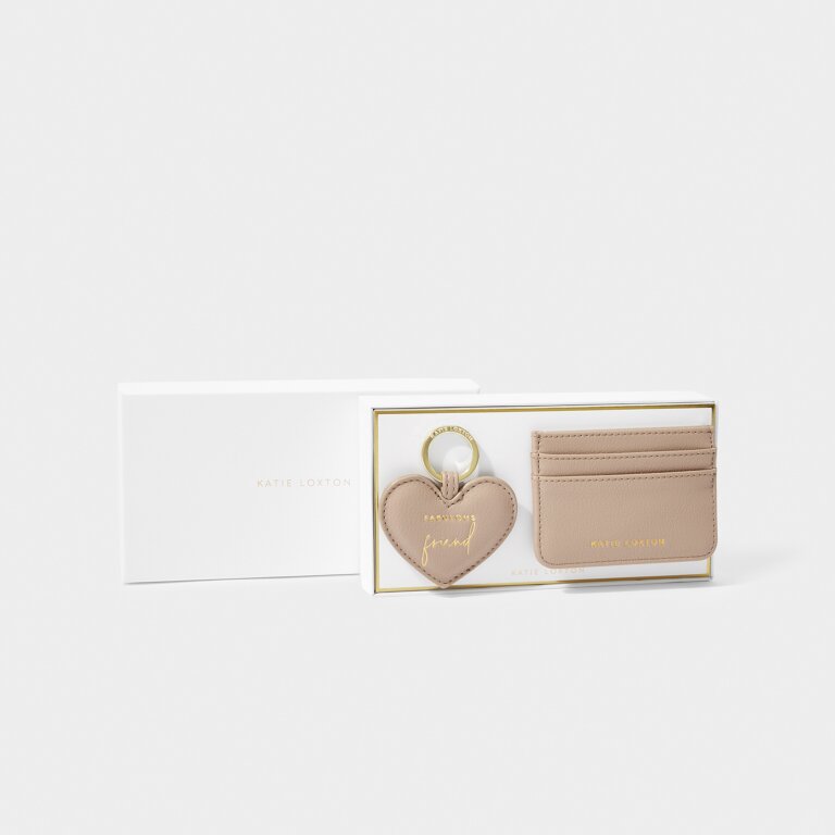 Heart Keychain And Card Holder Set 'Fabulous Friend' In Soft Tan