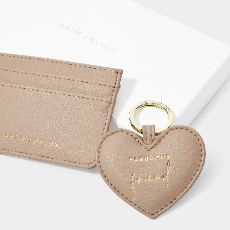 Heart Keyring And Card Holder Set 'Fabulous Friend' in Soft Tan