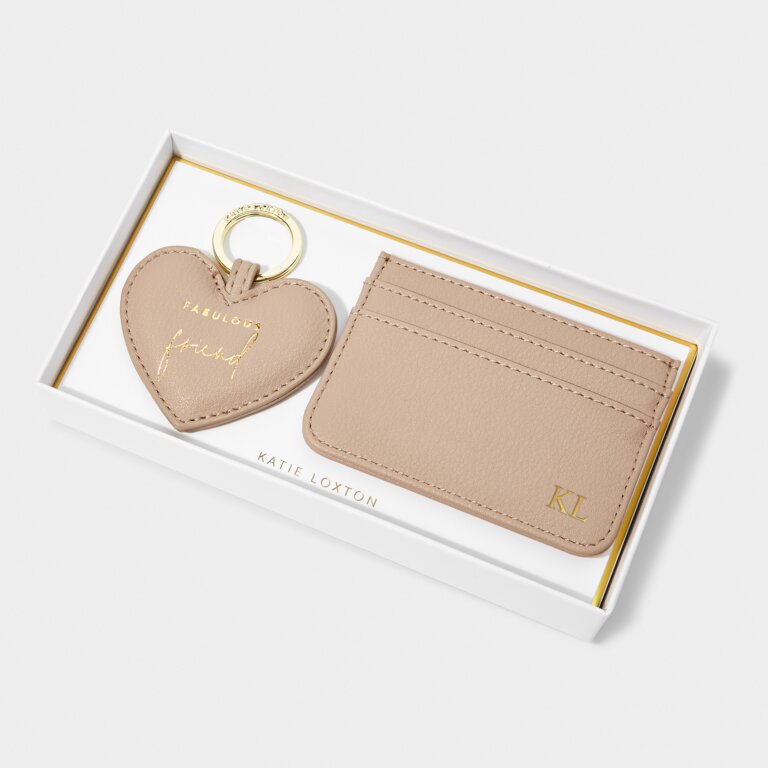 Heart Keychain And Card Holder Set 'Fabulous Friend' In Soft Tan