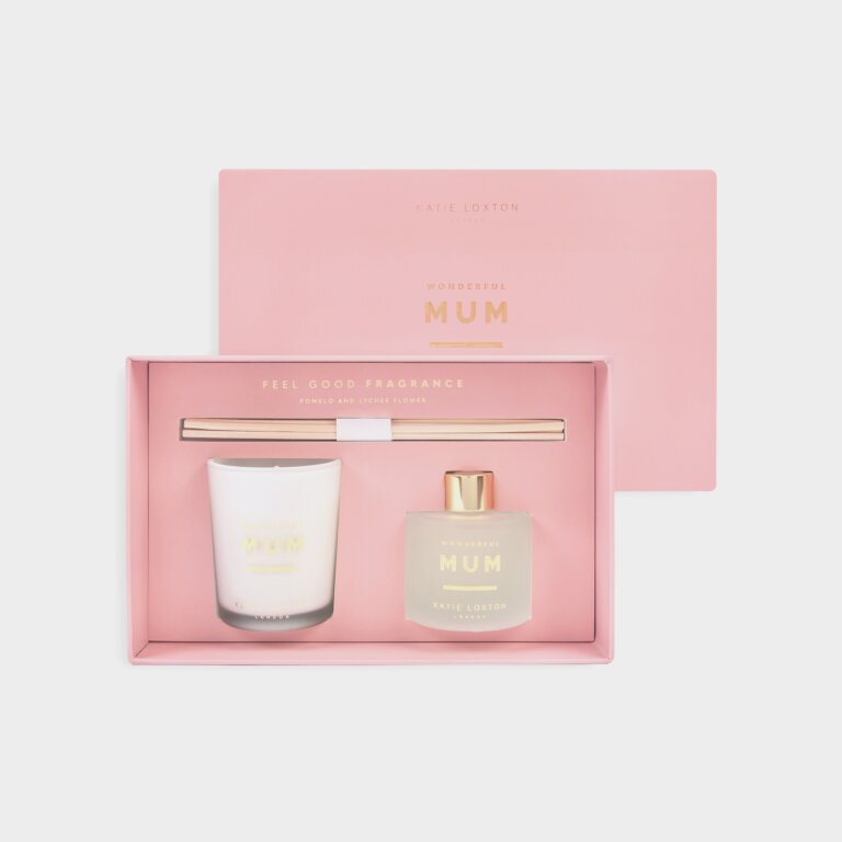 White Orchid and Soft Cotton 'Wonderful Mum' Gold Sentiment Katie Loxton mini Reed Diffuser and Candle Gift Set, Perfectly packaged in a pink and gold gift box. 