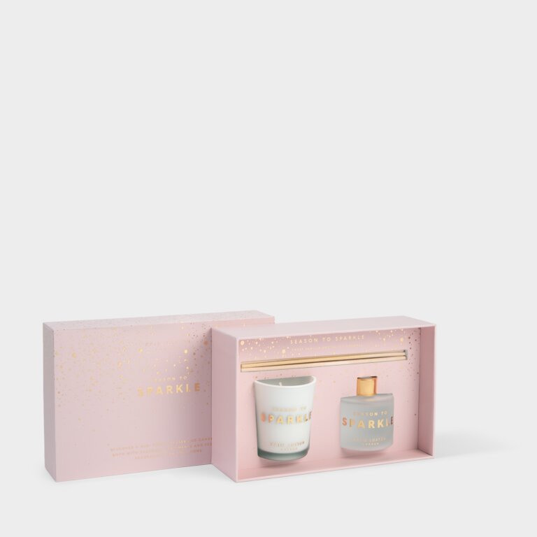 'Season To Sparkle' Sentiment mini Candle and Reed diffuser gift set beautifully packaged in a pink gift box with gold sparkles. Featuring the sumptuous fragrance of Sweet Vanilla and Salted Caramel. 