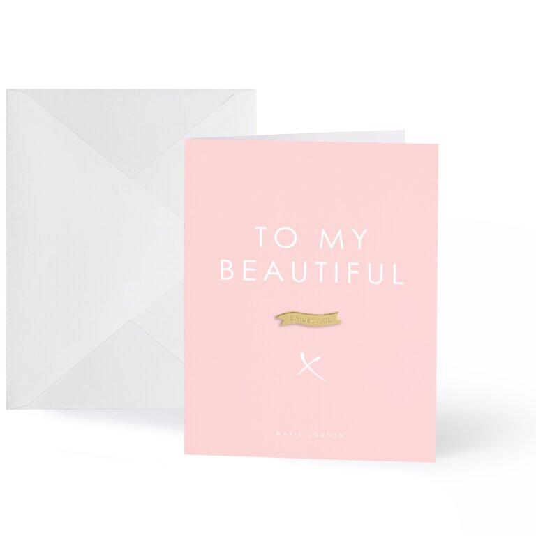 Gold Badge Greeting Card 'To My Beautiful Bridesmaid' In Pale Pink