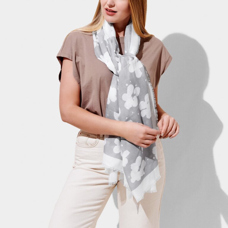 Flower Scarf in Pale Grey and White