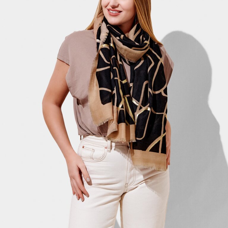 Abstract Line Scarf In Black And Gold