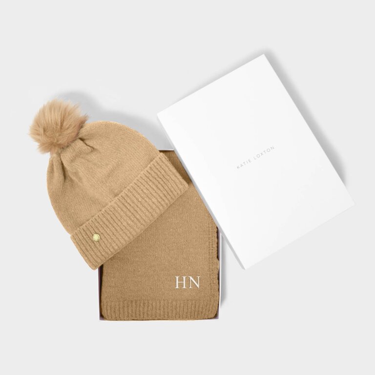 Boxed Fine Knitted Hat and Scarf in Caramel