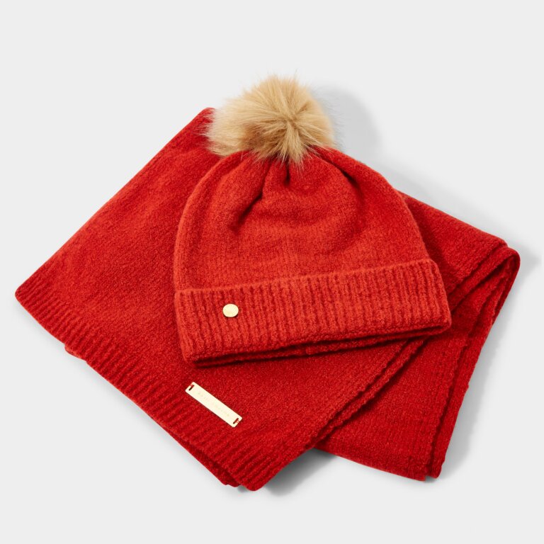 Boxed Fine Knitted Hat and Scarf in Red