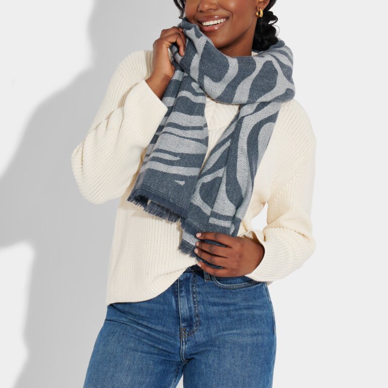 Zebra Printed Blanket Scarf In Navy And Cool Gray