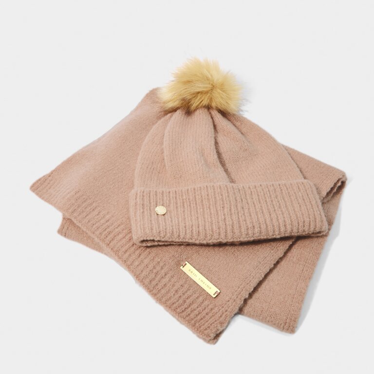 Boxed Fine Knitted Hat And Scarf Set in Dusty Pink