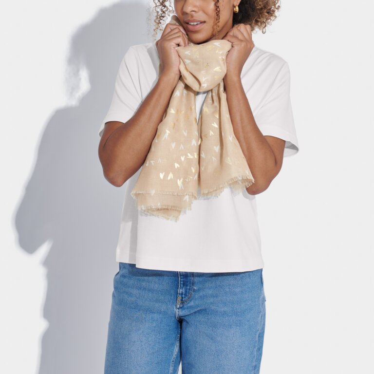 Scattered Heart Foil Printed Scarf in Soft Tan & Gold
