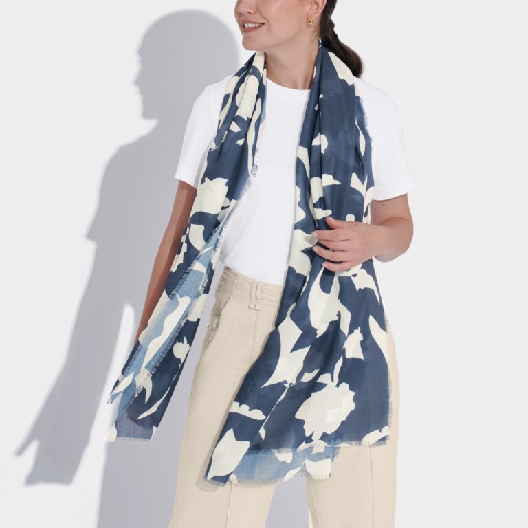 Abstract Floral Printed Scarf in Navy & Off White