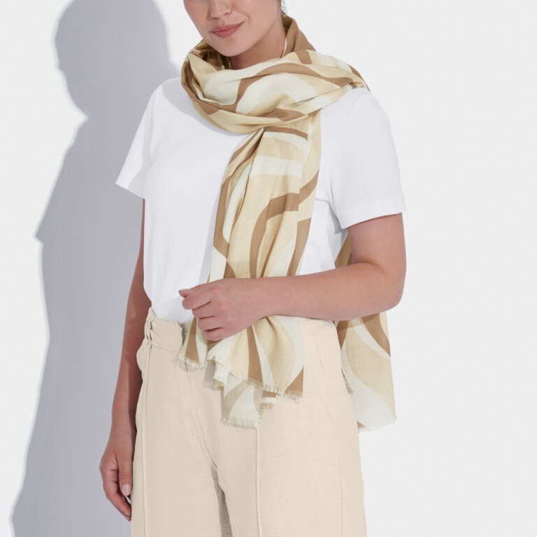 Abstract Wave Printed Scarf in Taupe & Off White