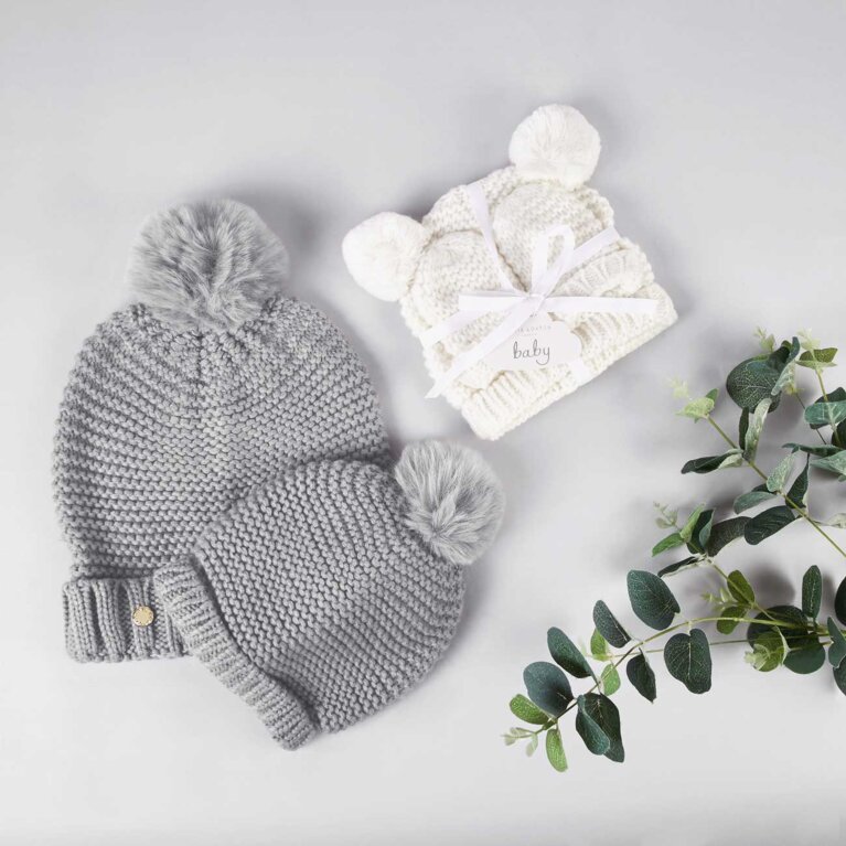 Mummy and Baby Bobble Hat Set 0-3 Months in Grey 