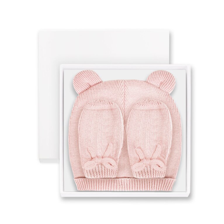 Beautifully Boxed Fine Knit Baby Hat And Mittens In Pink