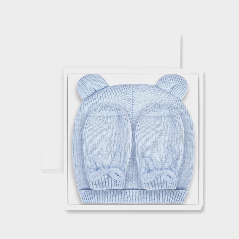 Beautifully Boxed Fine Knit Baby Hat And Mittens In Blue