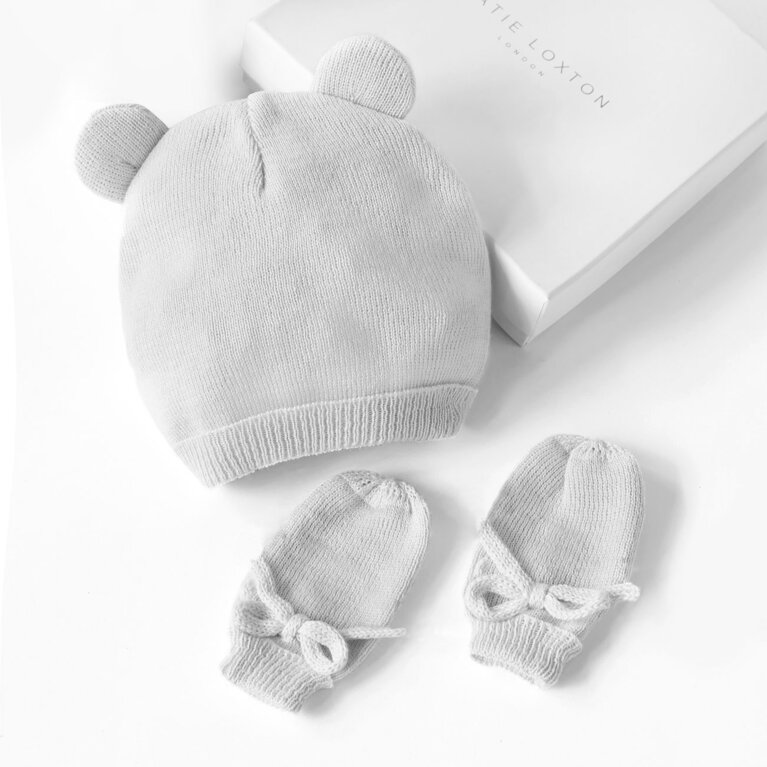 Beautifully Boxed Fine Knit Baby Hat And Mittens In Grey