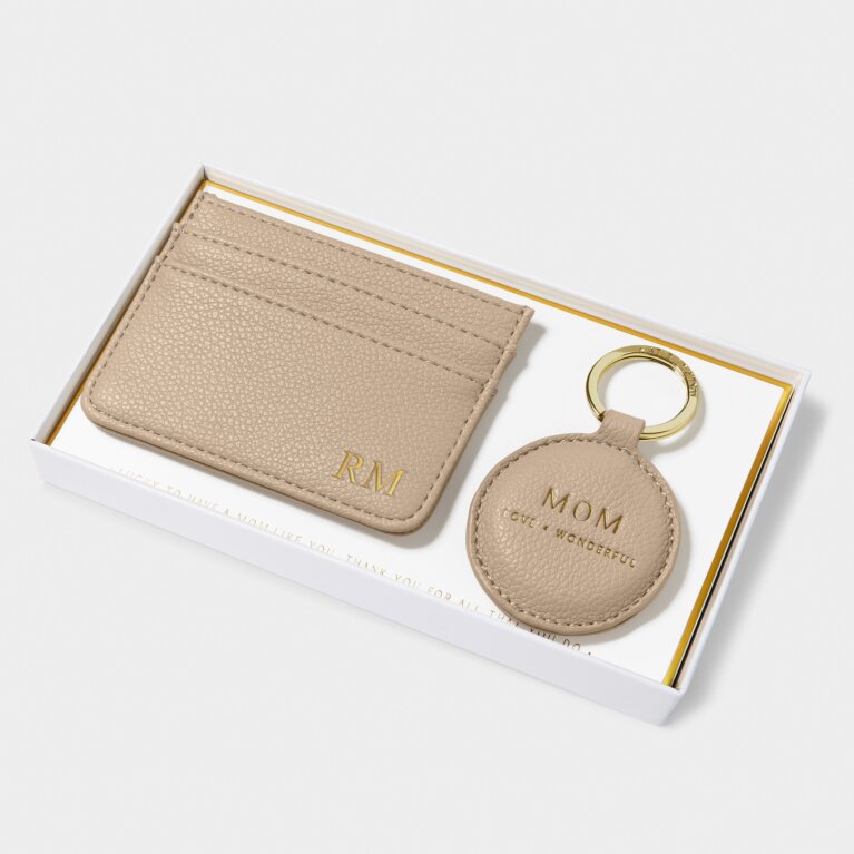 Keychain & Card Holder Set 'Mom' in Light Taupe
