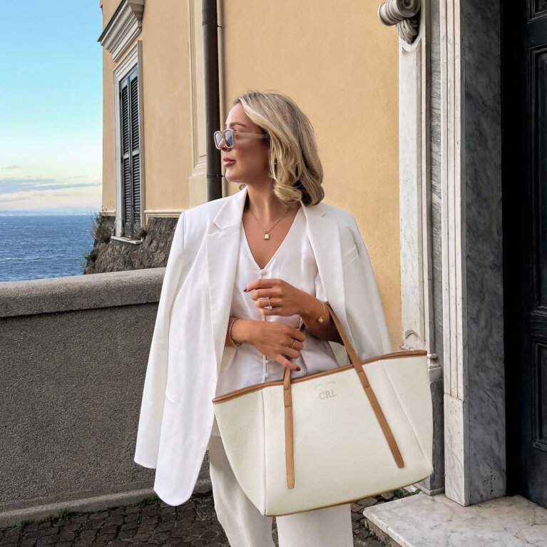 Capri Canvas Tote Bag in Tan & Off White