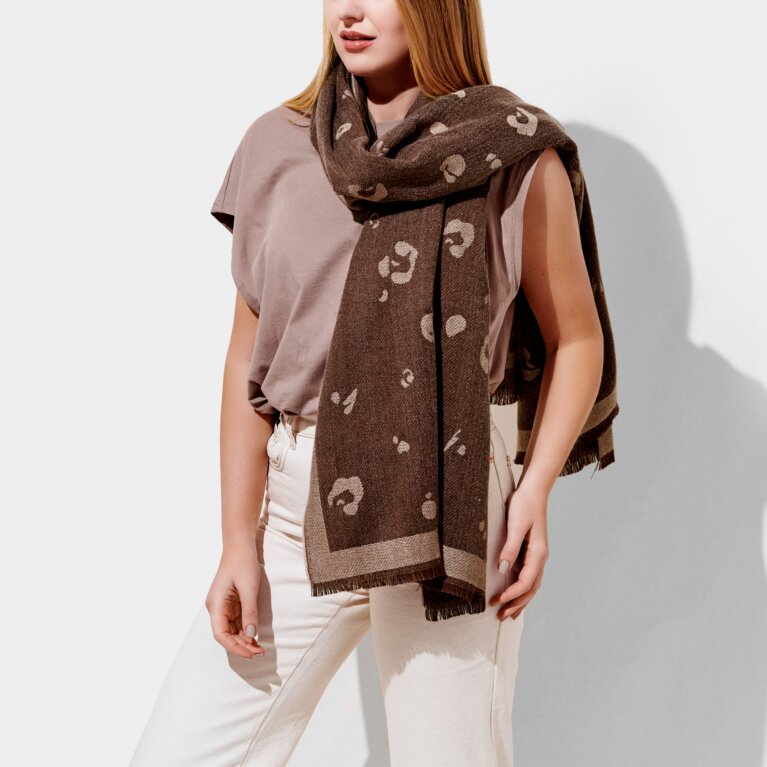 Leopard Printed Outline Blanket Scarf in Taupe And Dark Brown