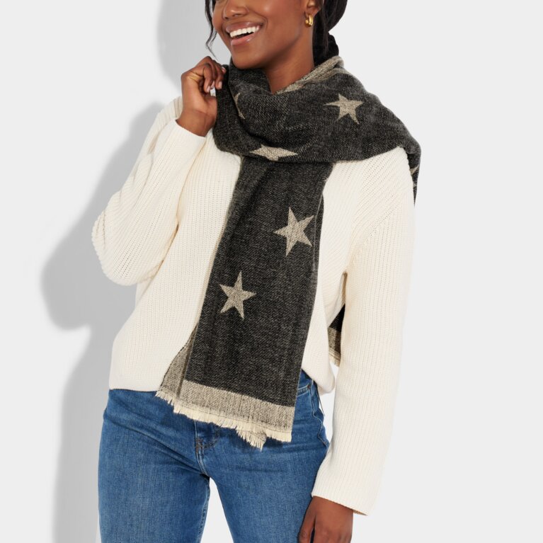 Star Printed Blanket Scarf in Black And Soft Tan