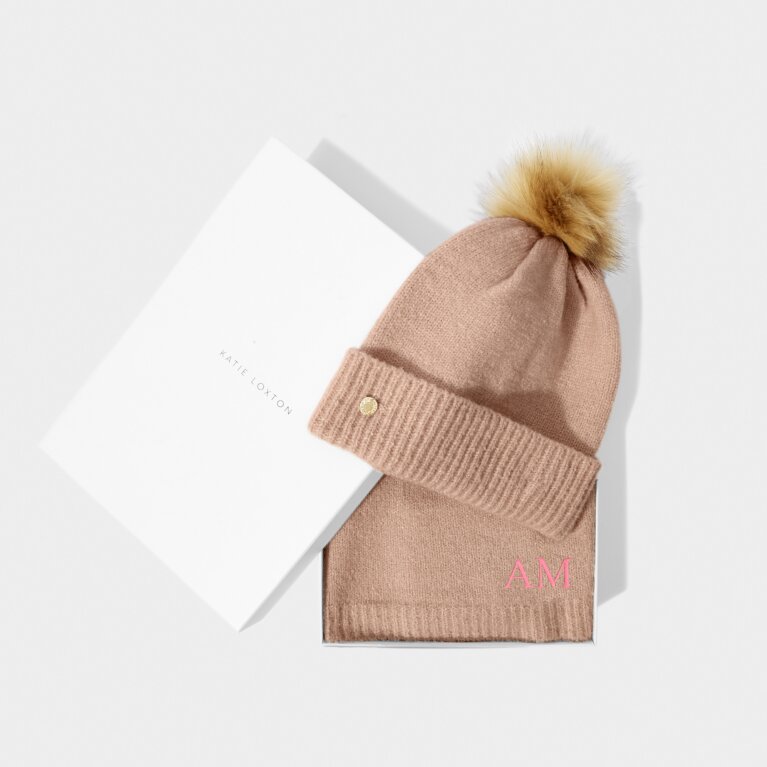 Boxed Fine Knitted Hat And Scarf Set in Dusty Pink