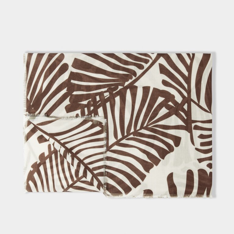 Tropical Leaf Printed Scarf in Off White And Chocolate