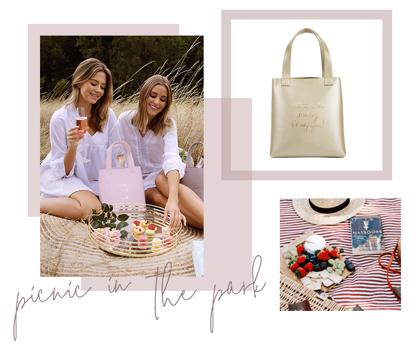 Lunch bags collection with an image of a picnic flatlay. Picnic in the park.