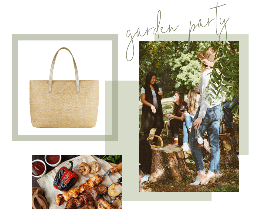 GIF switching between the different colours across the callie beach bag range and an image of friends sitting in a park